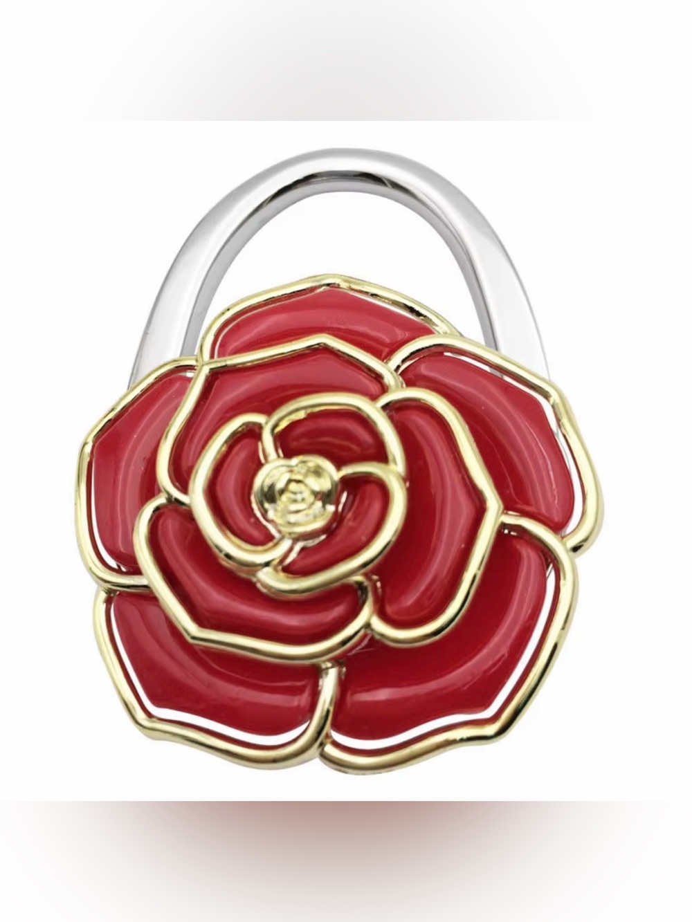 Foldable Red Rose Enamel Bag Hanger & Charm with Gold Trim (Firm Price)